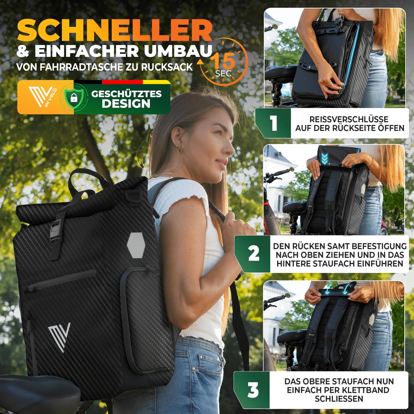 MIVELO EVO 25L 3 in 1 fiets tas voor bagage drager - rugzak en schoudertas - 100% waterdicht - Zwart Carbon