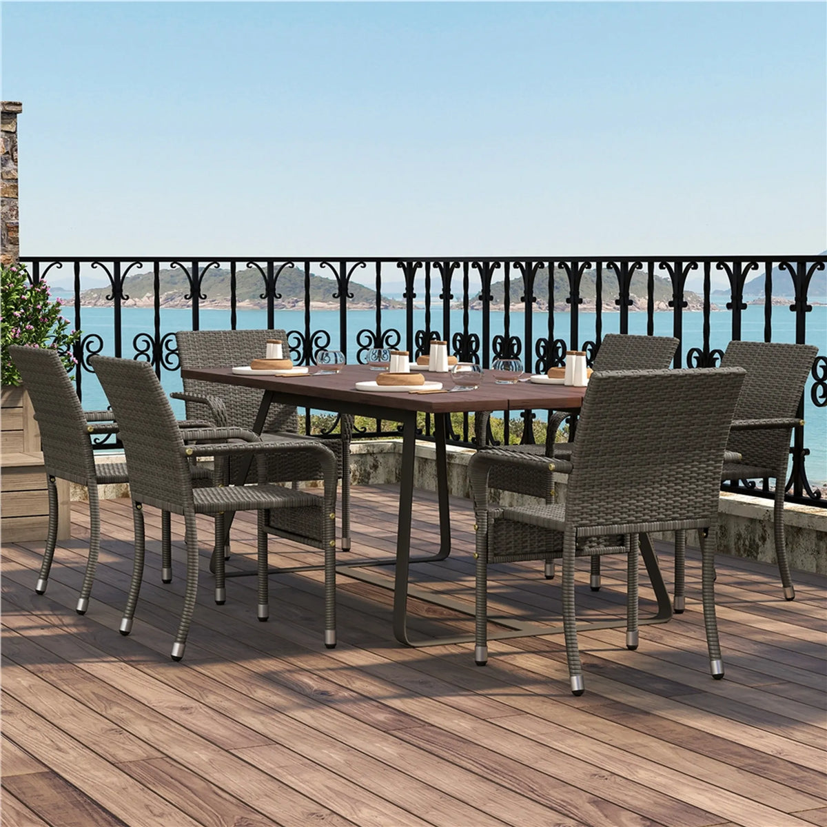 Yaheetech Set van 2 Stapelbare Tuinstoelen van PE-Rattan 58x58x84 cm – Sfeervol Grijs – Rattan en Metaal