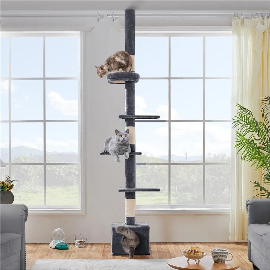 Yaheetech Plafond Krabpaal 226-265,5 cm - Donkergrijs - Verstelbare Kattenboom met 5 Niveaus
