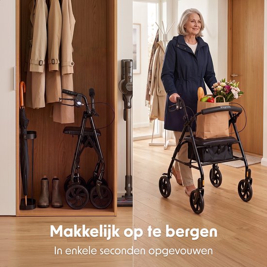 LifeGoods Basic Rollator Lichtgewicht en Opvouwbaar (8,7KG) - Met Zitje en Rugsteun – Voor Binnen en Buiten – Verstelbare Hoogte - Tot 136KG Draagkracht – Zwart