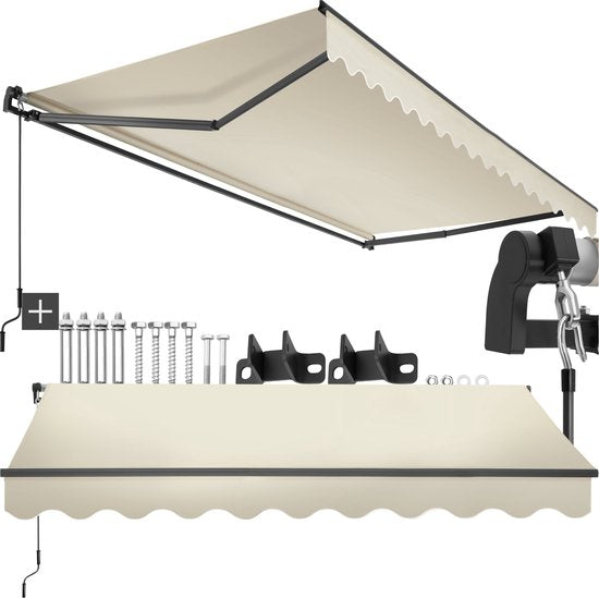 tectake® Zonnescherm met Knikarm - 300 x 250 cm - Zonneluifel - Zonwering voor Raam, Balkon, Buiten - Te Monteren aan Muur - Water- en UV-Bestendig - Beige