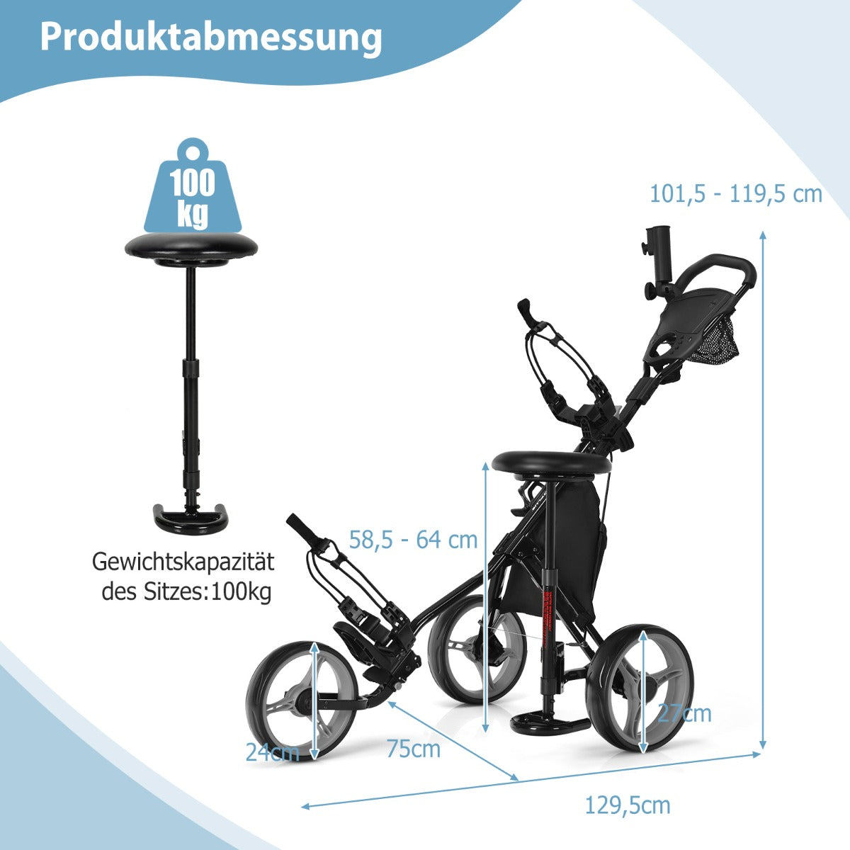 Coast Golftrolley met Parapluhouder en Stoel - 130 x 75 x 120 cm - Grijs / Zwart