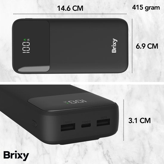 Brixy Powerbank - 20.000 mAh - 22.5W Snellader - LED Display - USB-A/USB-C - Voor O.a. iPhone & Samsung - Zwart