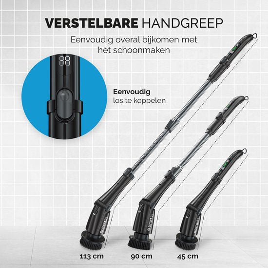 Joyware Elektrische Schoonmaakborstel Pro - Schrobborstel - Schrobber met Steel - Schrobmachine - Poetsmachine - Zwart - 7 Opzetstukken