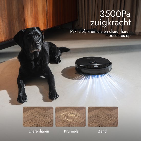 Bloomfold Sweep Robotstofzuiger met Dweilfunctie – Slimme Robot Stofzuiger, 3500Pa, 130 min, App & Google Home - Ultra-dun (7,3 cm) - Geschikt voor Huisdierhaar