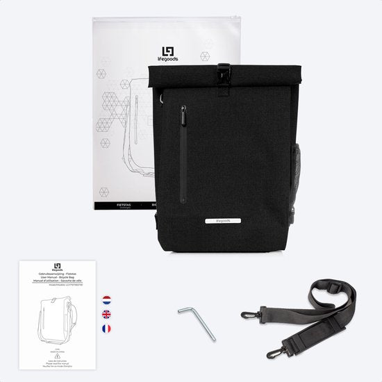 LifeGoods Enkele Fietstas - Compact - Schoudertas en Rugtas - 25L - Ronde Bagagedragers - Waterdicht - Zwart