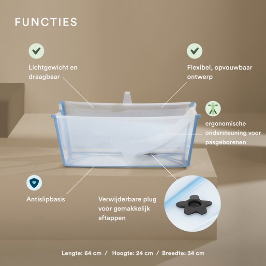 Stokke Flexi Bath (Ocean Blue) met ondersteuning voor pasgeborenen - Duurzaam en gemakkelijk op te bergen - Handig voor thuis of op reis - Voor baby’s en kleuters en tot 4 jaar