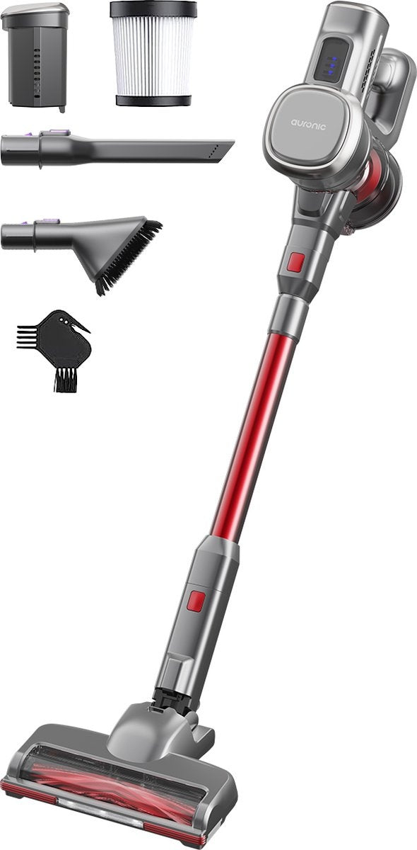 Auronic Steelstofzuiger - Zelfstaande Draadloze Steelstofzuiger - Zonder Zak - 220W - Vacuum Cleaner - Grijs/Rood