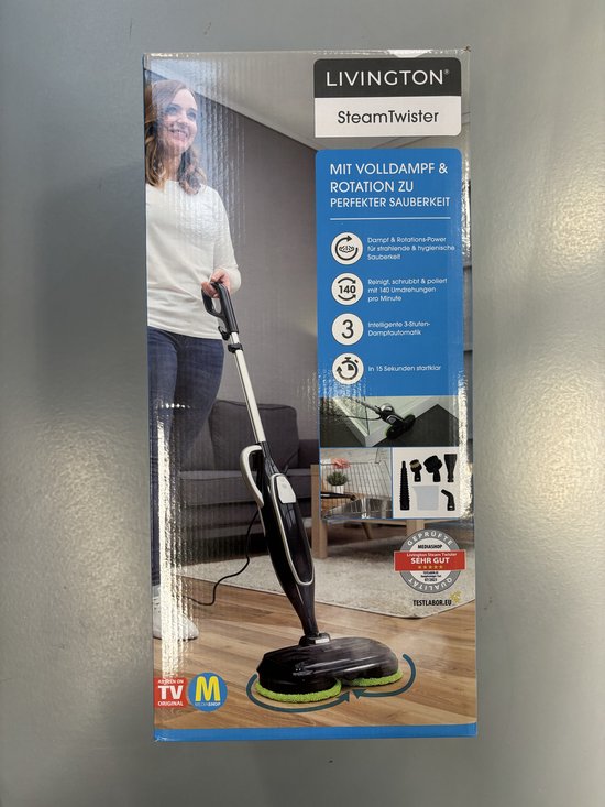 Livington Steam Twister Stoomreiniger met roterende dubbele mopkop, reinigt, schrobt en gepolijst, 3-traps stoomautomaat, 120 graden hete stoom, handstoomreiniger, waterreservoir van 350 ml, zwart