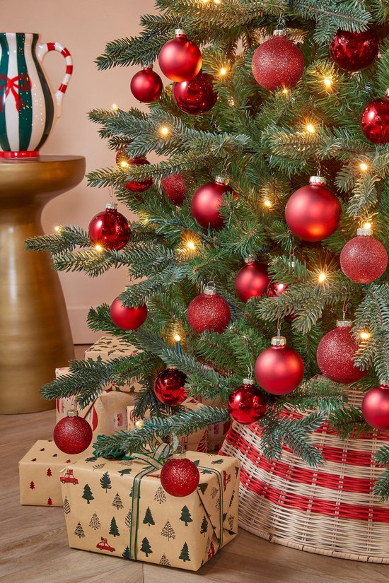 Mica Decorations Kerstballenset 42 Stuks - Kerstballen voor een Sterke Basis - Kerstversiering met Mat, Glans en Glitter - Piek in Meerdere Formaten - Ø7 cm - Rood