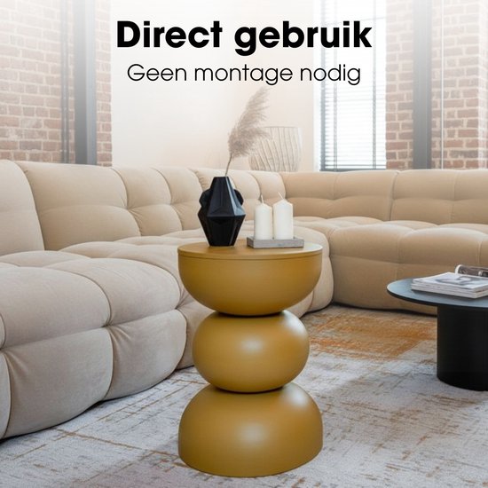 Mica Decorations Luna Salontafel - Nachtkastje voor Slaapkamer - Bijzettafel H46 x Ø32 cm voor Woonkamer - Rond Tafeltje voor Vaas of Planten - Gemaakt van IJzer - Kleur Oker