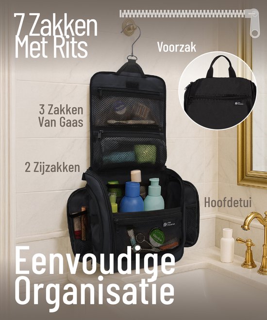 D&D Wanderlust Toilettas met Haak - Ophangbare Luxe Travel Organizer met 10 vakken - Zwart - Unisex Dames & Heren - 6 liter inhoud - Reis Toilettas Hangend Groot - Make up Tasje