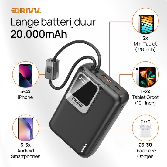 Drivv. Powerbank 20.000 mAh - Met Ingebouwde 8 pin & USB C Kabel - Inclusief 60W Oplaadkabel - 22.5W Snellaadfunctie - USB / USB C - Noodpakket