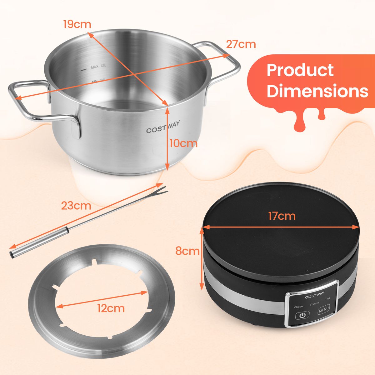 Coast Elektrische Fondueset - 1200 W - Temperatuurregelaar - Afneembare roestvrijstalen pan - Zilver en zwart