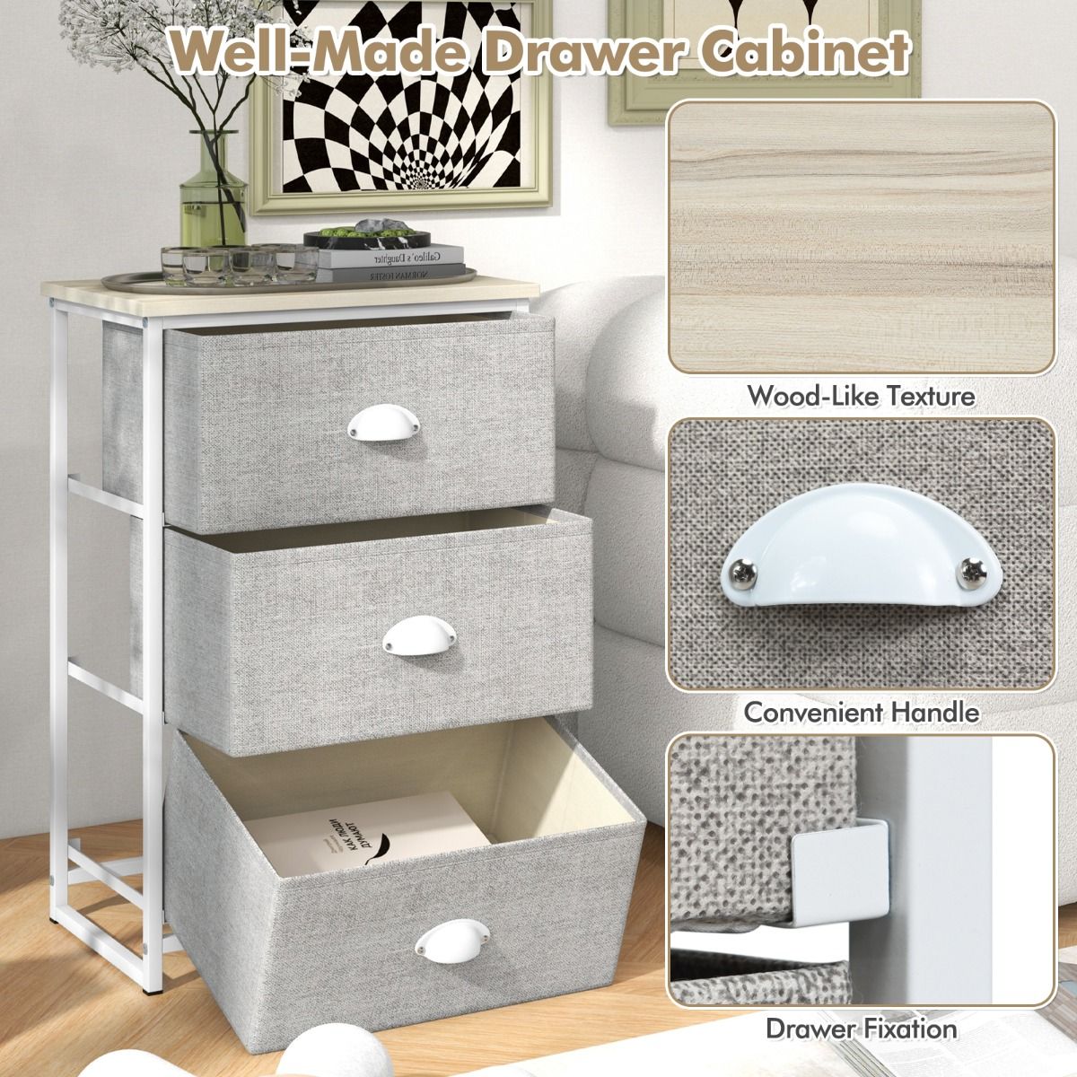 Coast Ladekast met 3 lades - Opbergmeubel met inklapbare lades - Metalen frame - Wit en lichtgrijs
