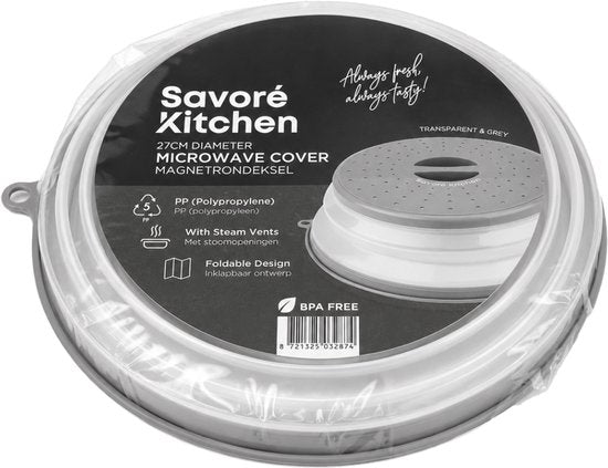 Savoré Kitchen Magnetron Deksel 27 cm - Inklapbaar - met Stoomopeningen - BPA-Vrij - Transparant & Grijs