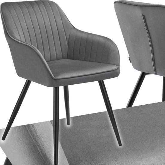 tectake®- Fluwelen stoel met gestikt patroon - Moderne eetkamerstoel - Kuipstoel - Woonkamer, eetkamer, lounge of kaptafelstoel - Div. kleuren - Grijs/zwart