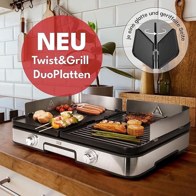 LEBENLANG Elektrische Tafelgrill - 2400W - Inclusief Grilltang en Spatbescherming - 30 x 23,7 x 15 cm - RVS