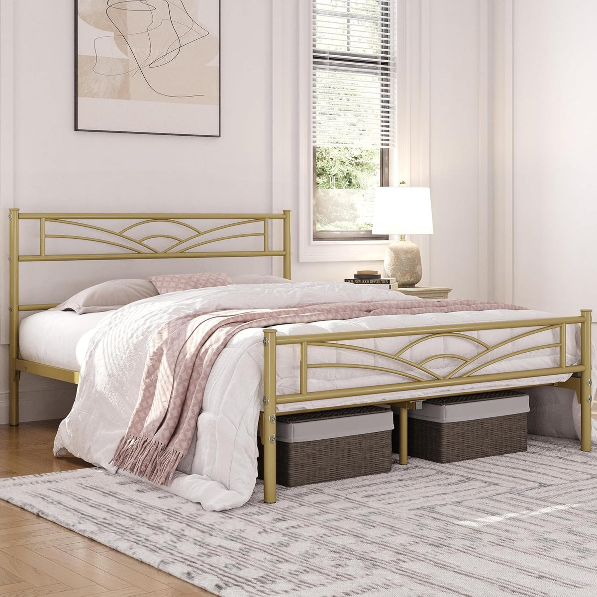 Yaheetech Metalen Bedframe 140 x 200 cm – Antiek Goud – Modern Jeugdbed met Lattenbodem en Ruime Opbergruimte