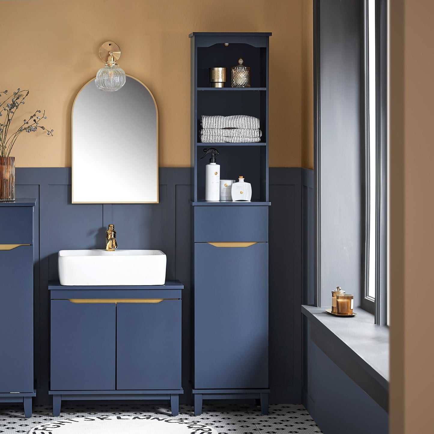 SoBuy Badkamer Kolomkast - Hoge kast - 3 Plank - 1 Deur - 35 x 30 x 170 cm - Blauw