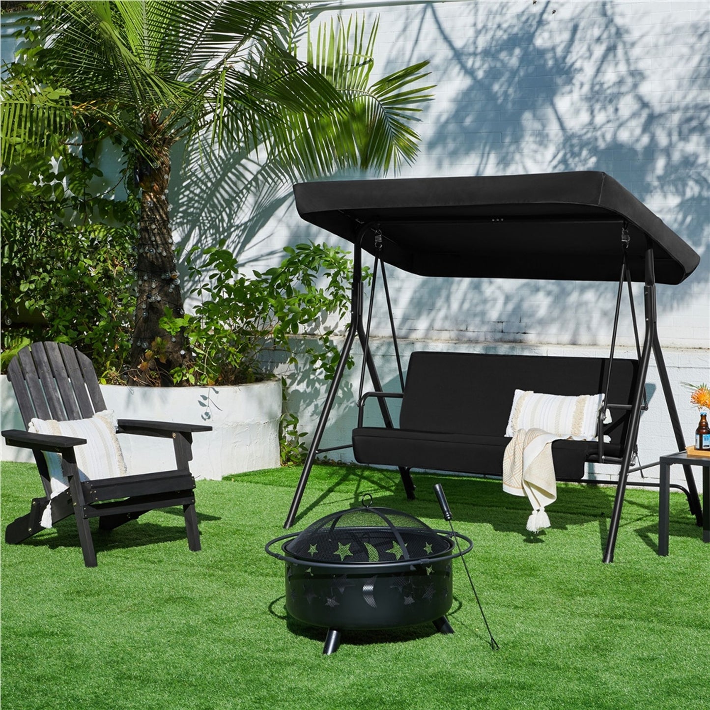 Yaheetech 3-zits Hollywoodschommel met Verstelbaar Zonnescherm - 170 x 112,5 x 162,5 cm - Zwart