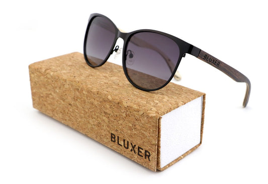 Bluxer® Houten Zonnebril - Unisex Gepolariseerde UV400 Zonnebril - Zwart RVS Frame met Ebony Houtfineer - Grijze Lens - 145 mm x 50 mm