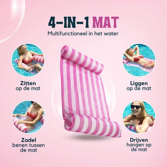 Travelly Luxe Waterhangmat – Voorzien Van Comfortabele Hoofdsteun En Zachte Gevoerde Bodem En Snel Ventielsysteem – Voor Zwembad En Strand – Roze PVC En Polyester – 126 x 66 cm