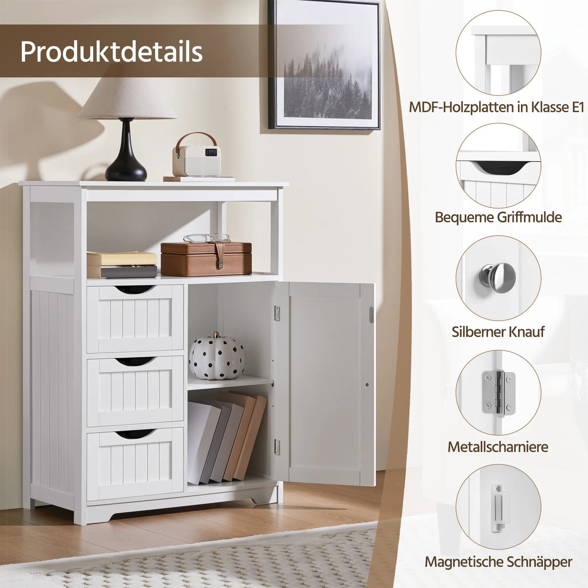 Yaheetech Badkamerkast Met 3 Lades – Voorzien Van Verstelbare Plank En Open Opbergvak En Metalen Beslag – Voor Badkamer Woonkamer En Slaapkamer – Wit Mdf En Metaal – 66 x 35 x 90 cm