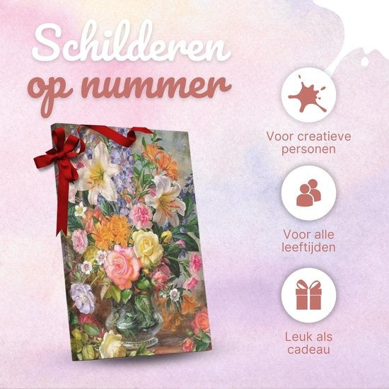 Rubye® Schilderen Op Nummer Volwassenen – Bloemen in Vaas – Inclusief Verf en Penselen – Canvas Schildersdoek – Kleuren op Nummer – 40x50cm