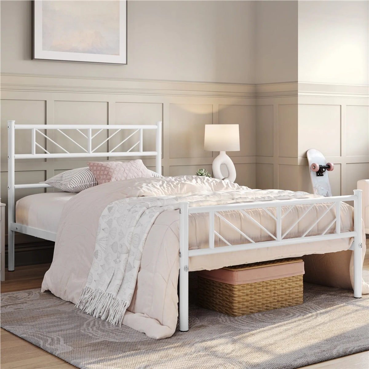 Yaheetech Metalen Bedframe 90 x 190 cm - 196,5 x 96 x 88,5 cm - Wit - 32 cm Hoog - Met Hoofdbord