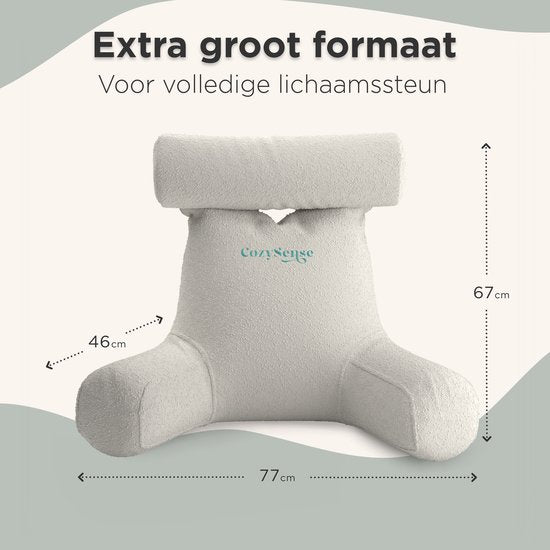 CozySense® Leeskussen voor in Bed - Ergonomisch Zitkussen - Boekkussen - Groot Relax Kussen - Verstelbare Vulling - Afneembare Hoes - CertiPUR® - Beige