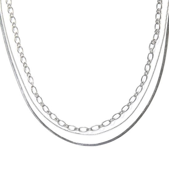 Laura Ferini Dames Ketting Collegato Zilver - Zilverkleurige Schakelketting Met 3 Lagen - 18K Witgoud Verguld - Halsketting - Collier - Sieraad - Accessoires - Dames Ketting Met Lagen