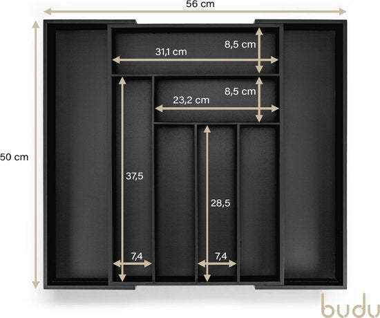 Budu Uitschuifbare Bamboe Bestekbak #50 (50 cm diep) - Zwart - Bestekcassette Hout - Besteklade - 50 x 34,1 - 56 cm - 6/8 vakken