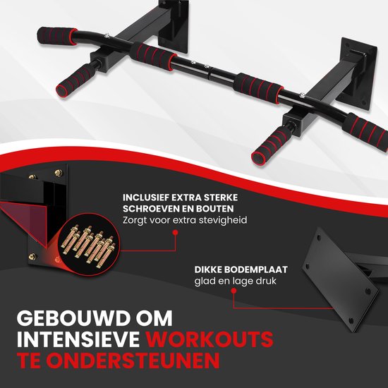 TTD® Premium Pull Up Bar – Wandmontage Dip Station – Tot 250KG – Home Workout – Zwart/Rood