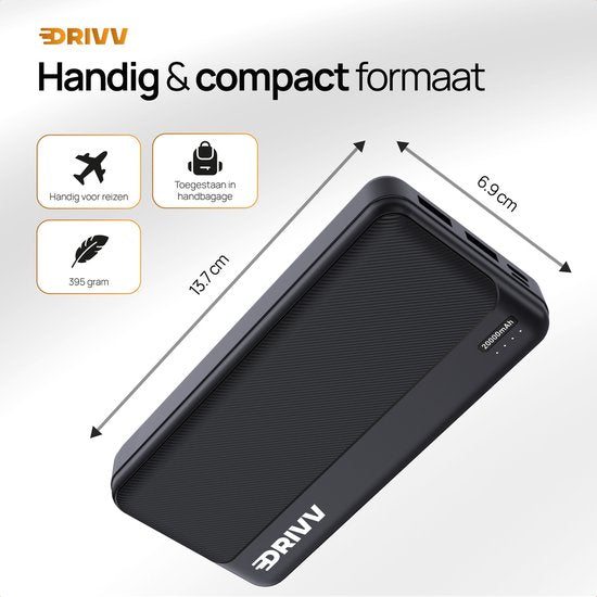 Drivv. Powerbank 20.000 mAh - Inclusief 100w Oplaadkabel - 22.5W snellader - Quick Charge USB 3.0 - USB C - Geschikt voor iPhone, Samsung en meer