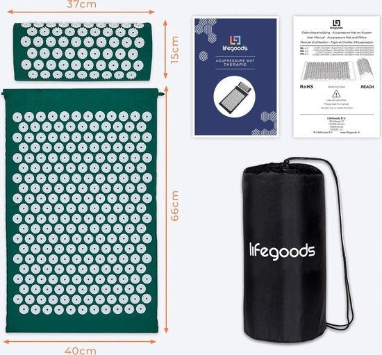LifeGoods Acupressuur Mat met Kussen - Shakti mat - Spijkermat Incl. 2x Triggerpoint Bal - 66x40x2cm - Groen/Wit