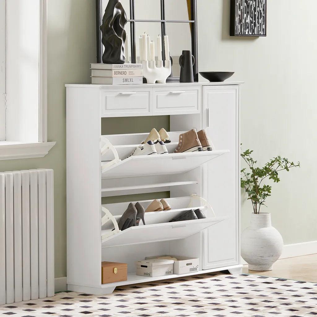 SoBuy Schoenenrek - Schoenen Opbergkast, Schoenencommode, met 2 Kleppen, 2 Lades, 1 Deur en 1 Open Compartiment- Max. 60kg - 102x96x24cm - Wit