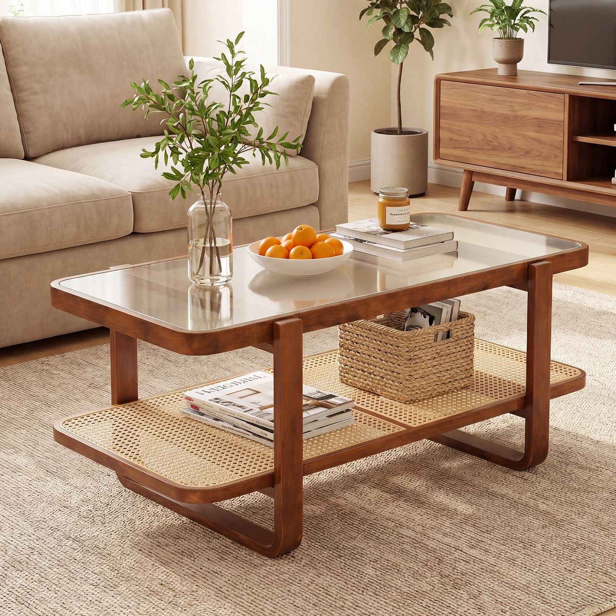Coast Salontafel - dubbel-laags ontwerp - veiligheidsglas en riet - walnoot - 105 x 50,5 x 45 cm