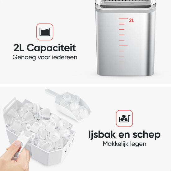 Kitchenwell IJsblokjesmaker – Voorzien Van 2L Watertank En 2 IJsblokjesopties En Rvs Behuizing – Voor Cocktails En Frisdranken – Grijs Roestvrij Staal – 12 kg per 24 Uur