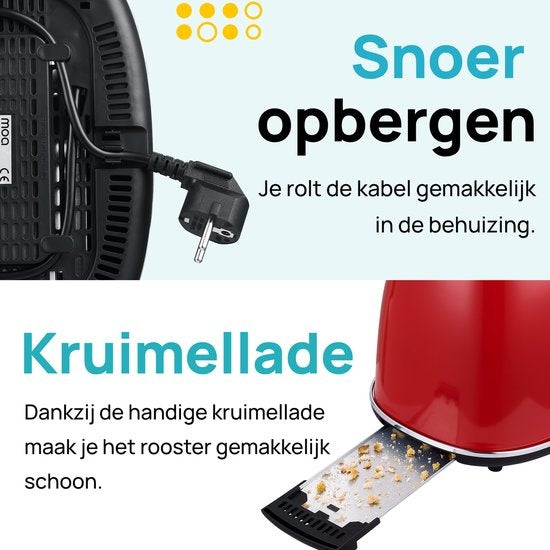 MOA Retro Broodrooster - 6 Warmteniveaus - 2 Extra Brede Sleuven - 850W - Reheat en Ontdooi-functie - Rood - T3R