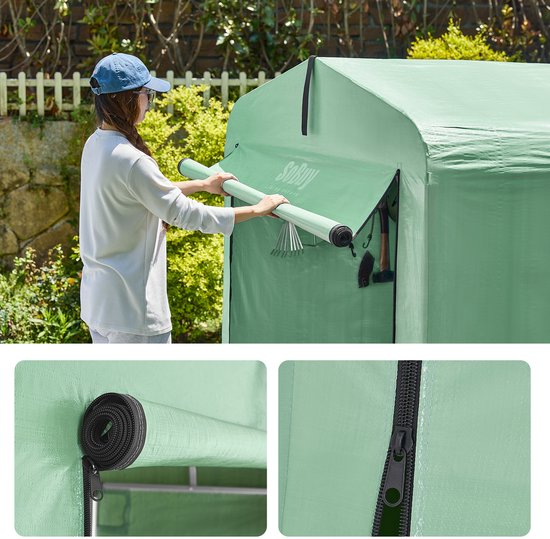 SoBuy KLS11-GR Tuinschuur, tuinhuis voor buiten, waterdicht, motorhuis met haken, garage voor fiets en gereedschap, fietsschuur, opslag en opslag, groen, 120 x 176 x 163 cm