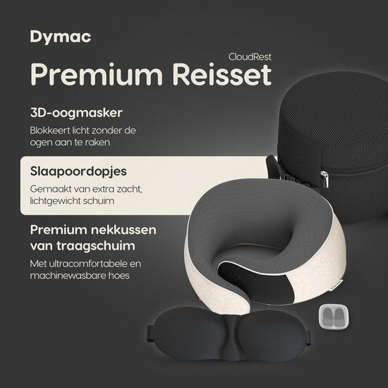 Dymac CloudRest Reiskussen – Nekkussen – Neksteun – Traagschuim Reiskussen – Inclusief Oogmasker & Oordoppen – Met Reisetui - Beige
