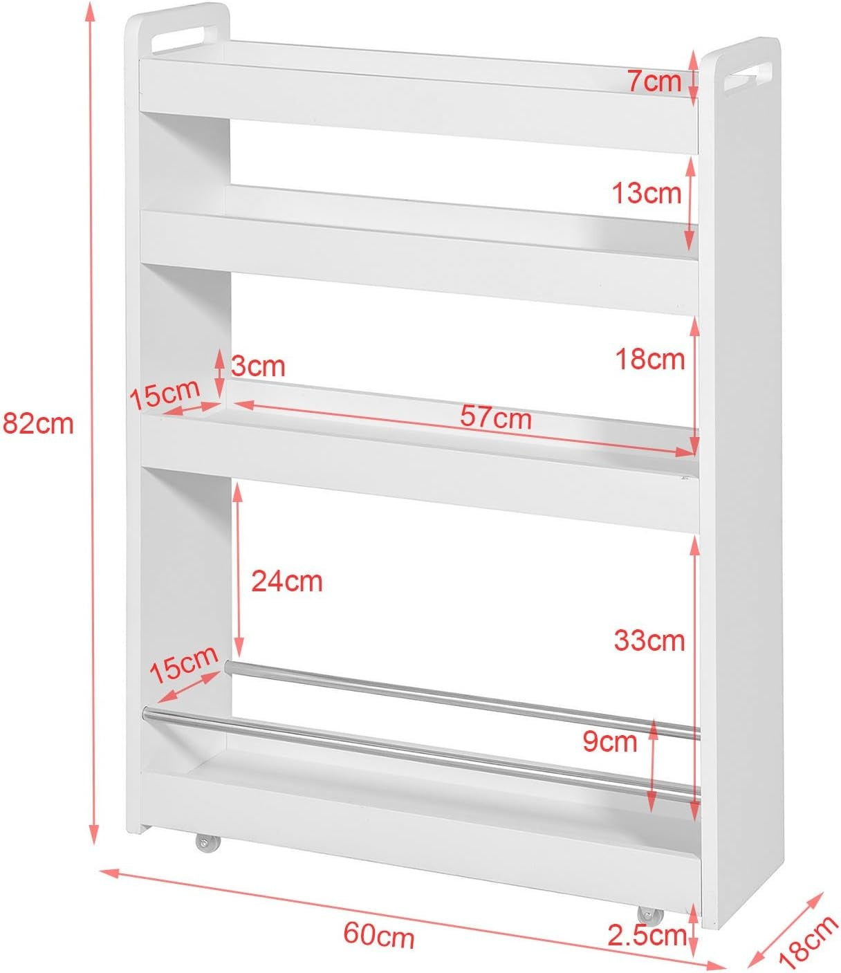 SoBuy Keukenrek 4-Laags op wielen - Max. 20 kg - 60 x 19 x 81 cm - Wit