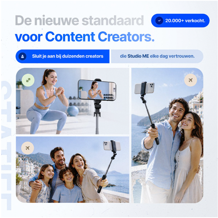 Studio ME Bluetooth Tripod Selfiestick – Afstandsbediening, Telefoonhouder En Kantelhoek – Voor Smartphone Foto En Video – Zwart Kunststof – 18 tot 66 cm