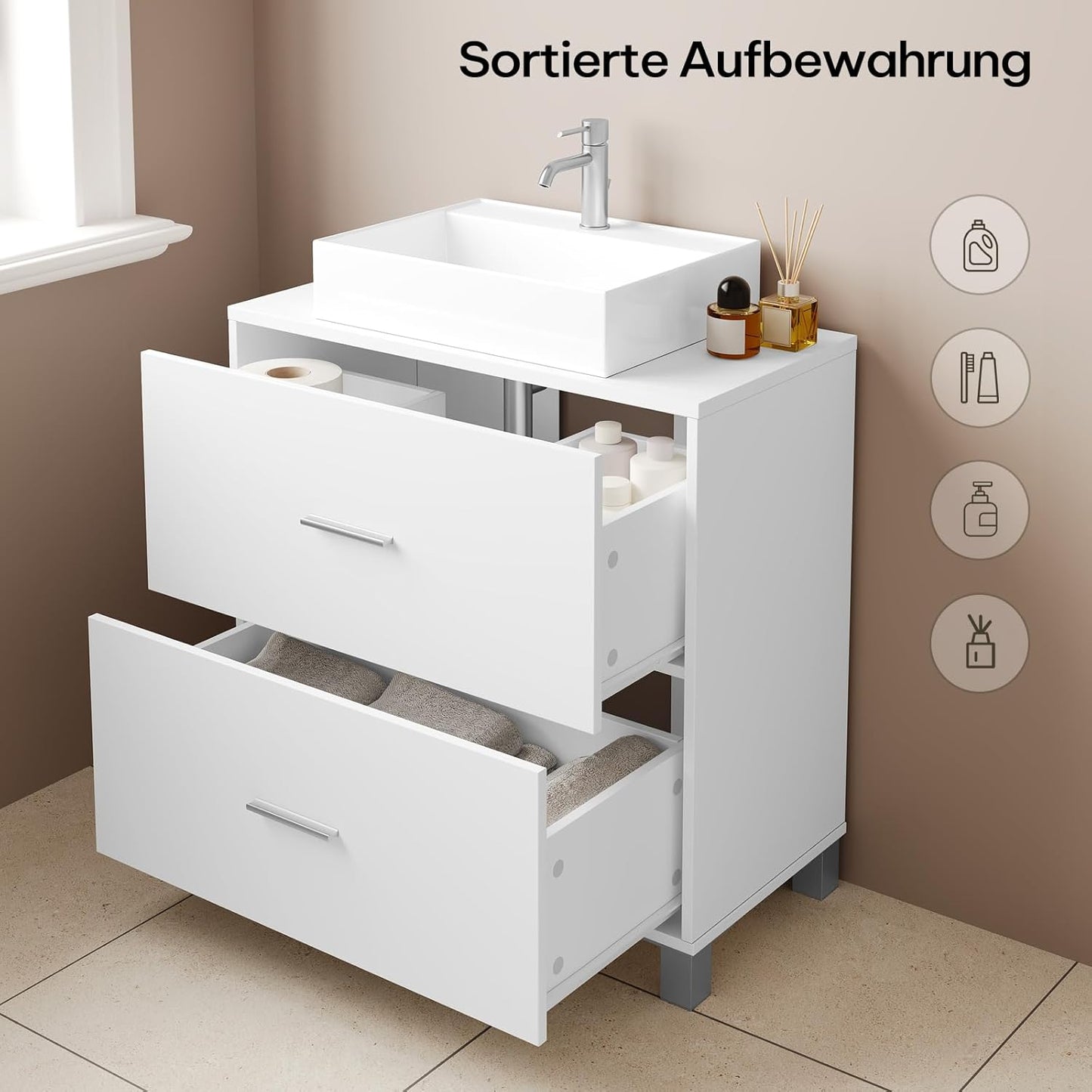 eSituro Wastafelonderkast met 2 Laden - Badkamermeubel met Sifonuitsparing - Wit - 60 x 30 x 60 cm