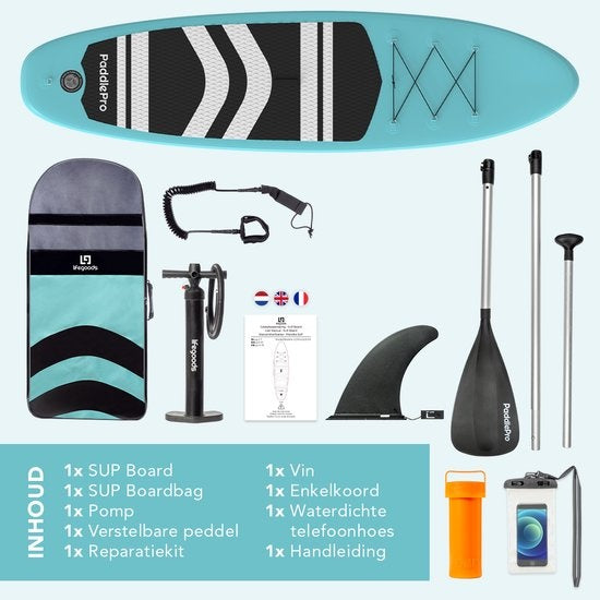 LifeGoods SUP Board - Opblaasbaar Paddle Board - Complete Set - Max. 135KG - 320x81cm - Mintgroen/Zwart