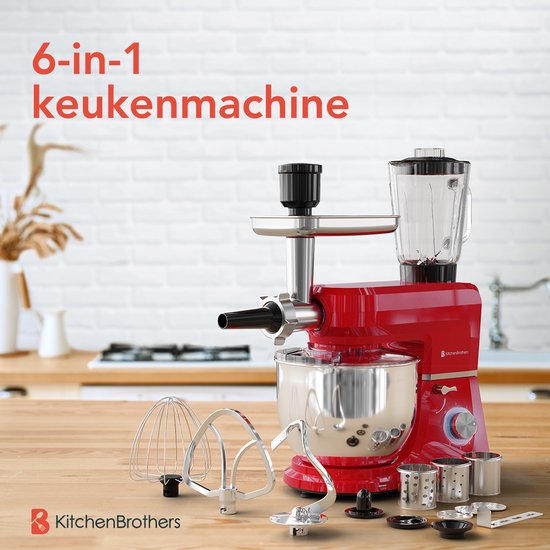 KitchenBrothers Keukenmachine - 6-in-1 Keukenrobot - 1500W - Met Gehaktmolen, Blender en 15 Accessoires - 6,2L RVS Kom - Rood