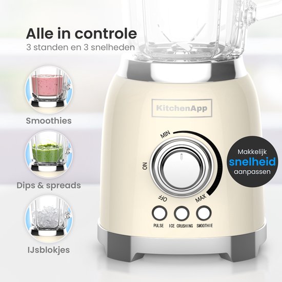 KitchenApp Retro Blender 1,5L – Glazen kan – 800W – Crushed Ice, Smoothie & Pulse – Beige