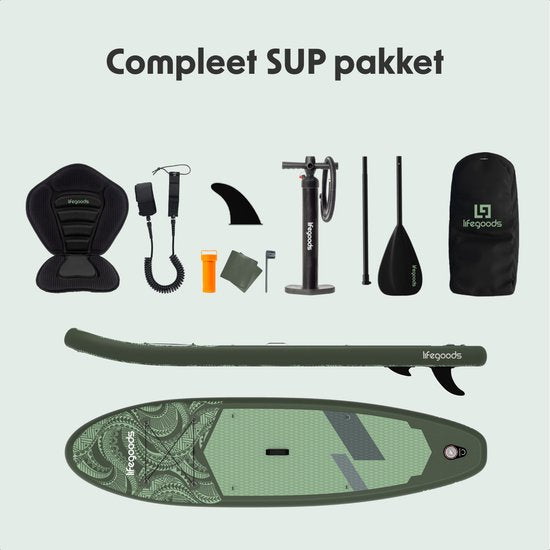 LifeGoods SUP Board Allround Compact - met Zitje - 100 KG Draagkracht - 300 x 76 cm - Opblaasbaar - Compleet SUP pakket - Groen/Legergroen