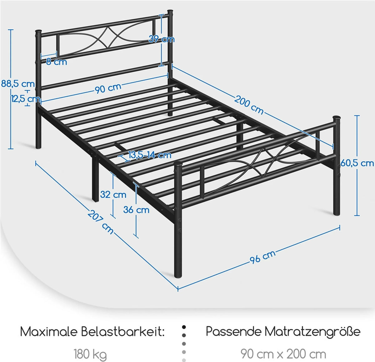 Yaheetech Metalen Bedframe 90 x 200 cm - Zwart - 204 kg - Met Hoofdbord en Voetbord - 32 cm Onderbedopslag